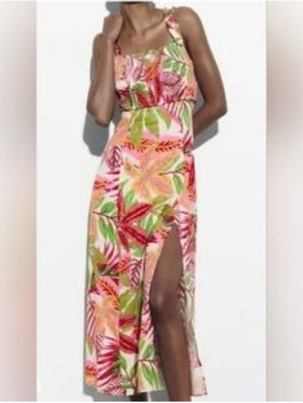 Zara Pink & Green Tropical Print Maxi Dress with Thigh Slit